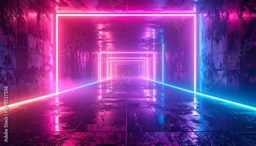 Fototapeta Naklejka Na Ścianę i Meble -  Neon tunnel with reflective floor (1)