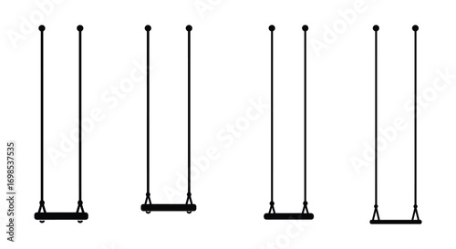 a row of simple black swings hanging from poles