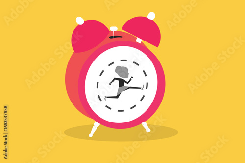 Business woman running fast according to clock time. concept of time management planning, Quick response time work and Time rush in work