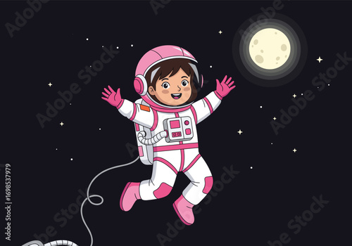 Cartoon child astronaut floating in space, tethered to spacecraft, joyful expression, moon and stars background, vector illustration, space exploration, children’s science education, flat design
