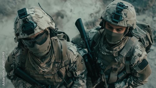 Two military soldiers wearing camouflage uniforms and equipped with helmets, masks, weapons and backpacks.
