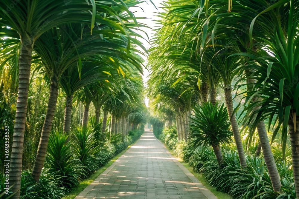 Obraz premium Lush Green Palm Tree Lined Pathway
