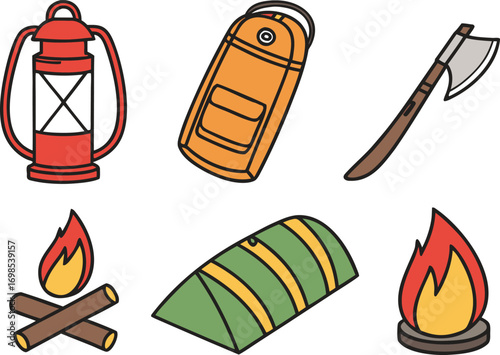 Camping Gear Icons: Lantern, Tent, Axe, Campfire, and Backpack