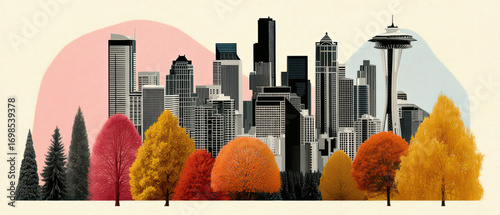 Collage environment skyline autumn city park trees colorful modern urban skyline collage environment scene with layered buildings and vibrant fall
