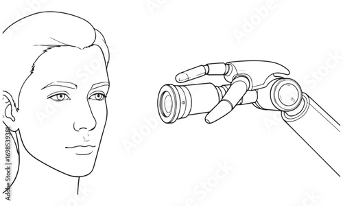 Robotic Arm with Optical Lens Observing Human Face for Technology and AI Concepts