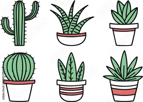 Collection of Six Adorable Cartoon Potted Cacti and Succulents