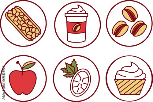 Collection of six circular icons featuring various food and drink items