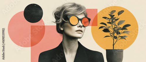 Stylish woman with sunglasses collage environment modern abstract portrait warm tones artistic vibe