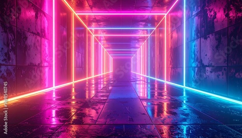 Fototapeta Naklejka Na Ścianę i Meble -  Neon tunnel with reflective floor (9)