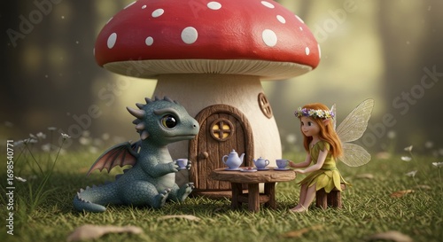 Fantasy figurines dragon and fairy at mushroom house