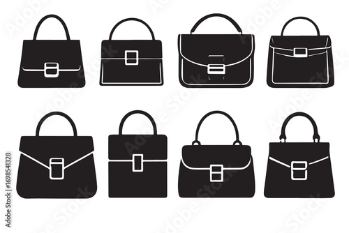 Eight black handbag icons with white clasps purse accessory