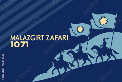 Digital artwork of Malazgirt Victory 1071, silhouette of Turkish warriors on horseback with crescent symbols and flag, historical battle commemoration design.