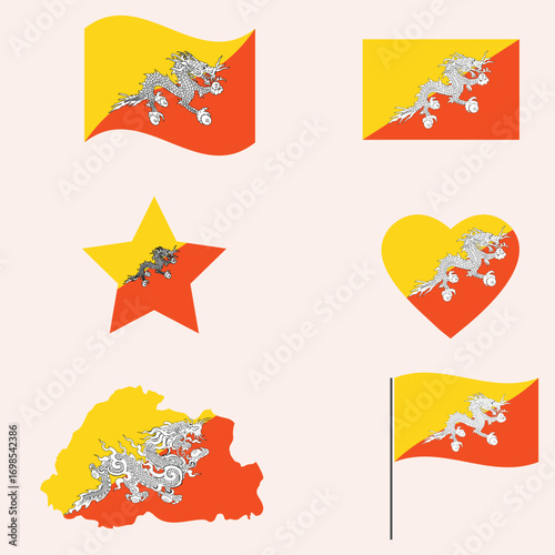 Bhutan Flag Set Collection. Waving, Flat, and Bunting Design with Dragon Symbol (Druk