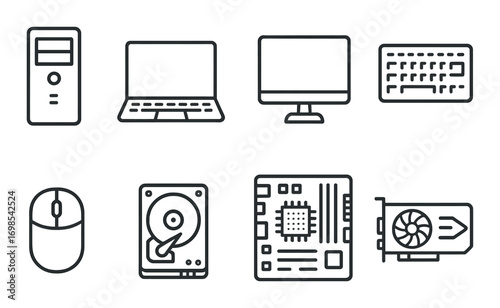Computer hardware components: desktop, laptop, monitor, keyboard, mouse, hard drive, motherboard, graphics card