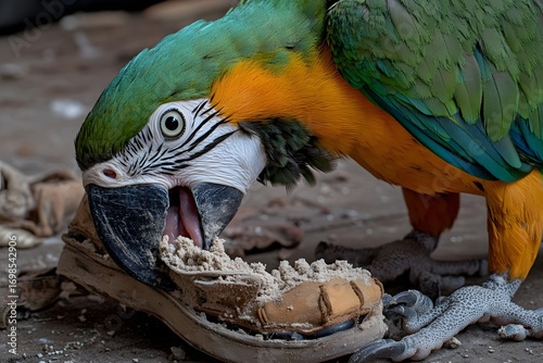 A mischievous bird aggressively pecks and shreds a leather shoe with its beak, creating a mess of debris on the floor.