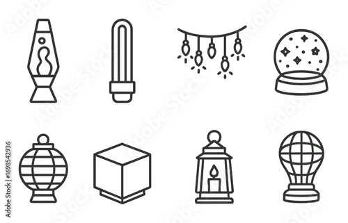 Unique lamp icons: lava, spiral, festive lights, globe, lantern, cube, candle