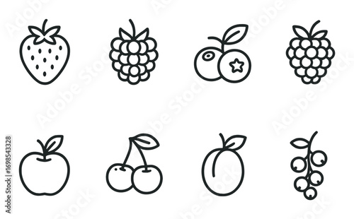 Monochrome outline of various fruits on dark background