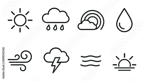 Weather icons: sun, rain, rainbow, drop, wind, storm, waves, sunrise on green background