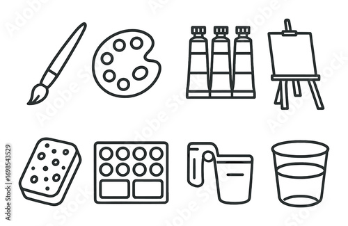Art supplies illustration: paintbrushes, palette, canvas, easel, colors, and tools