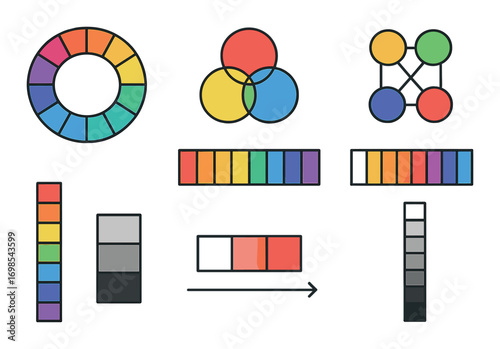 Color theory diagrams featuring wheels, charts, and palettes on dark background