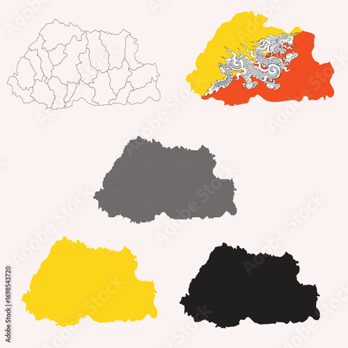 Bhutan Map Set. Detailed Political, Outline, and Silhouette Vector Illustrations
