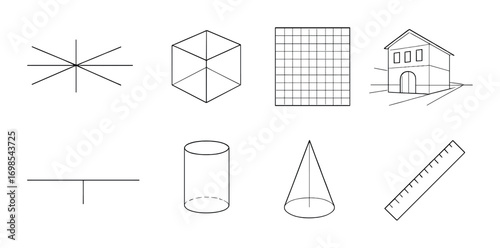 Geometric shapes and tools collection on gradient background