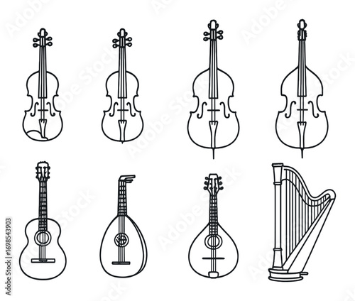 Outline illustrations of string instruments: violin, cello, guitar, lute, mandolin, harp