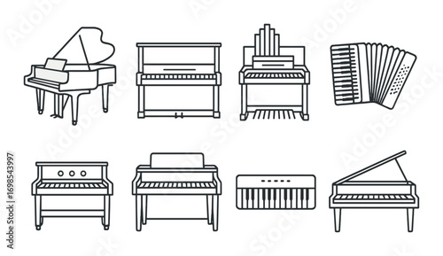 Various musical instruments: pianos, organ, accordion, keyboards on dark background