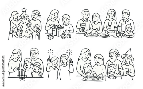Family celebrating christmas with gifts, dinner, and festive activities