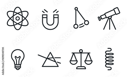 Science icons: atom, magnet, pendulum, telescope, light bulb, prism, scales, spring