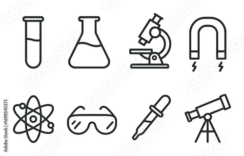 Outline icons of test tubes, microscope, magnet, atom, goggles, dropper, telescope