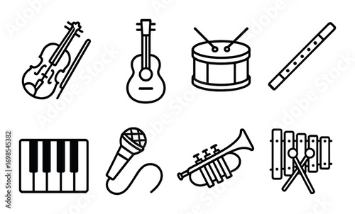 Simple outline icons of musical instruments on dark background