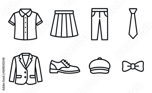 Set of formal clothing icons: shirt, skirt, pants, tie, jacket, shoe, cap, bow tie
