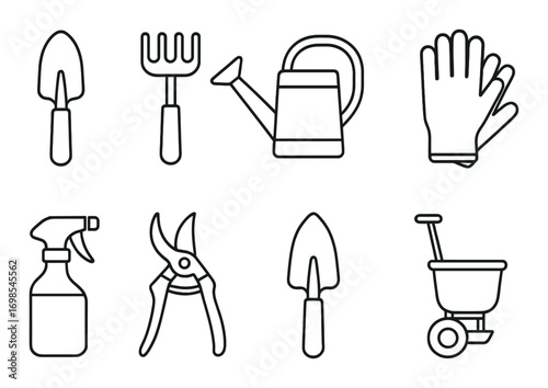 Set of essential gardening tools: trowel, rake, watering can, gloves, spray, shears, spreader