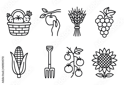 Set of agricultural icons featuring crops fruits and garden tools