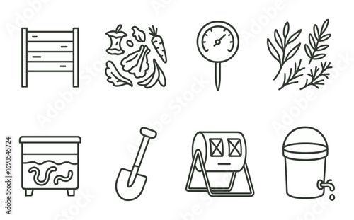 Composting icons: worm bin, thermometer, herbs, shovel, mulch, bucket, vegetables, tumbler
