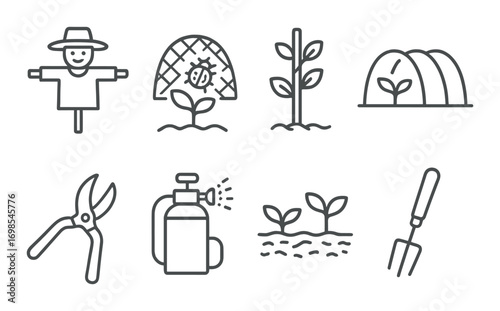 Garden tools and growth symbols set with scarecrow and greenhouse designs