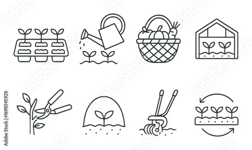 Garden icons: planting, pruning, harvesting, and greenhouse care
