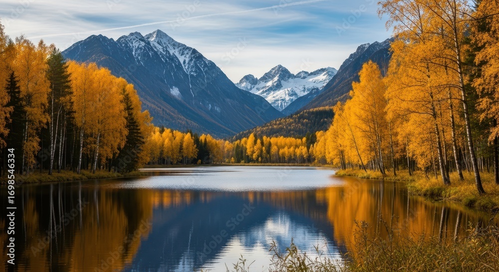 Fototapeta premium Autumn colors reflected in a serene mountain lake surrounded by golden trees