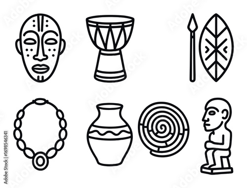 Traditional african cultural symbols: mask, drum, spear, shield, necklace, vase, spiral, statue