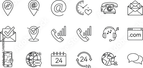 Black and White Communication, Time, and Location Icon Set for Digital and Global Connectivity