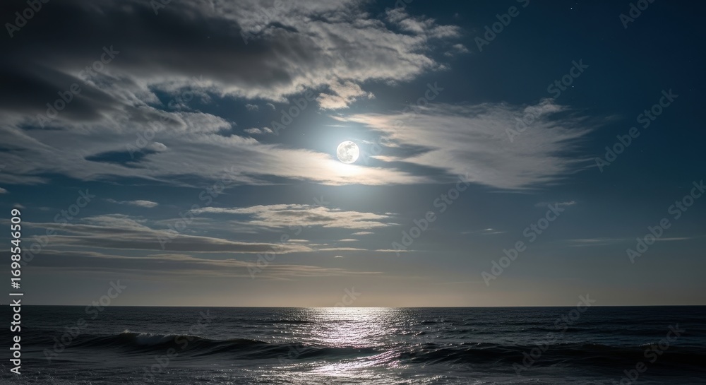 Obraz premium Dramatic Moonlit Ocean Sky with Shimmering Water Surface