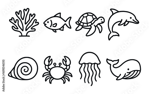 Outline vector icons of marine life: fish, dolphin, turtle, crab, whale, coral, jellyfish, shell