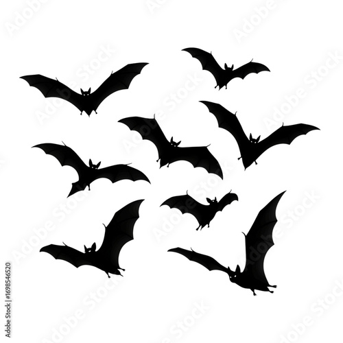 Illustration of a flock of black bats in silhouette flying against a transparent background