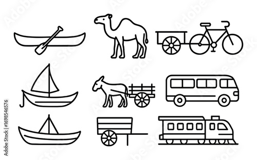 Line art of various transportation modes including canoe, camel, bicycle, and train