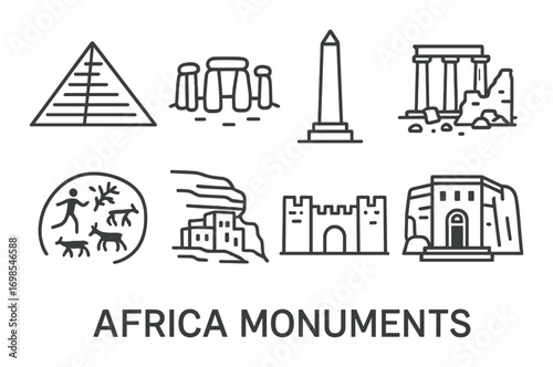 Iconic african monuments: pyramid, stone circle, obelisk, ruins, petroglyphs, fortress, temple