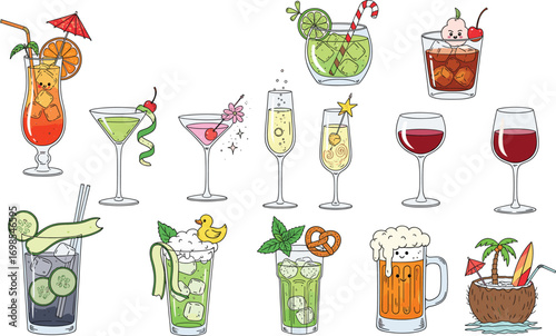 Colorful Cartoon Cocktail and Drink Icon Set with Fun Decorative Elements