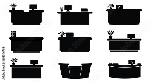 various styles of reception desks illustrated in black and white