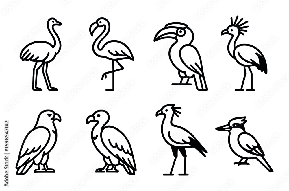 Naklejka premium Silhouette collection of exotic bird outlines on black background