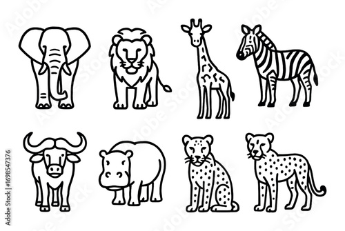 Cartoon safari animals featuring lion, elephant, giraffe, zebra, buffalo, hippo, cheetahs